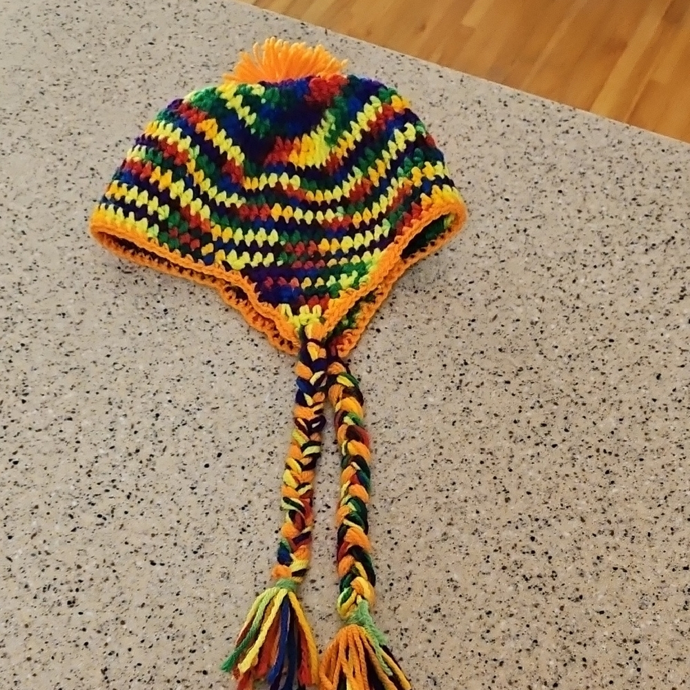 Hand Knit Bright Rainbow Trapper Hat Beanie Toque